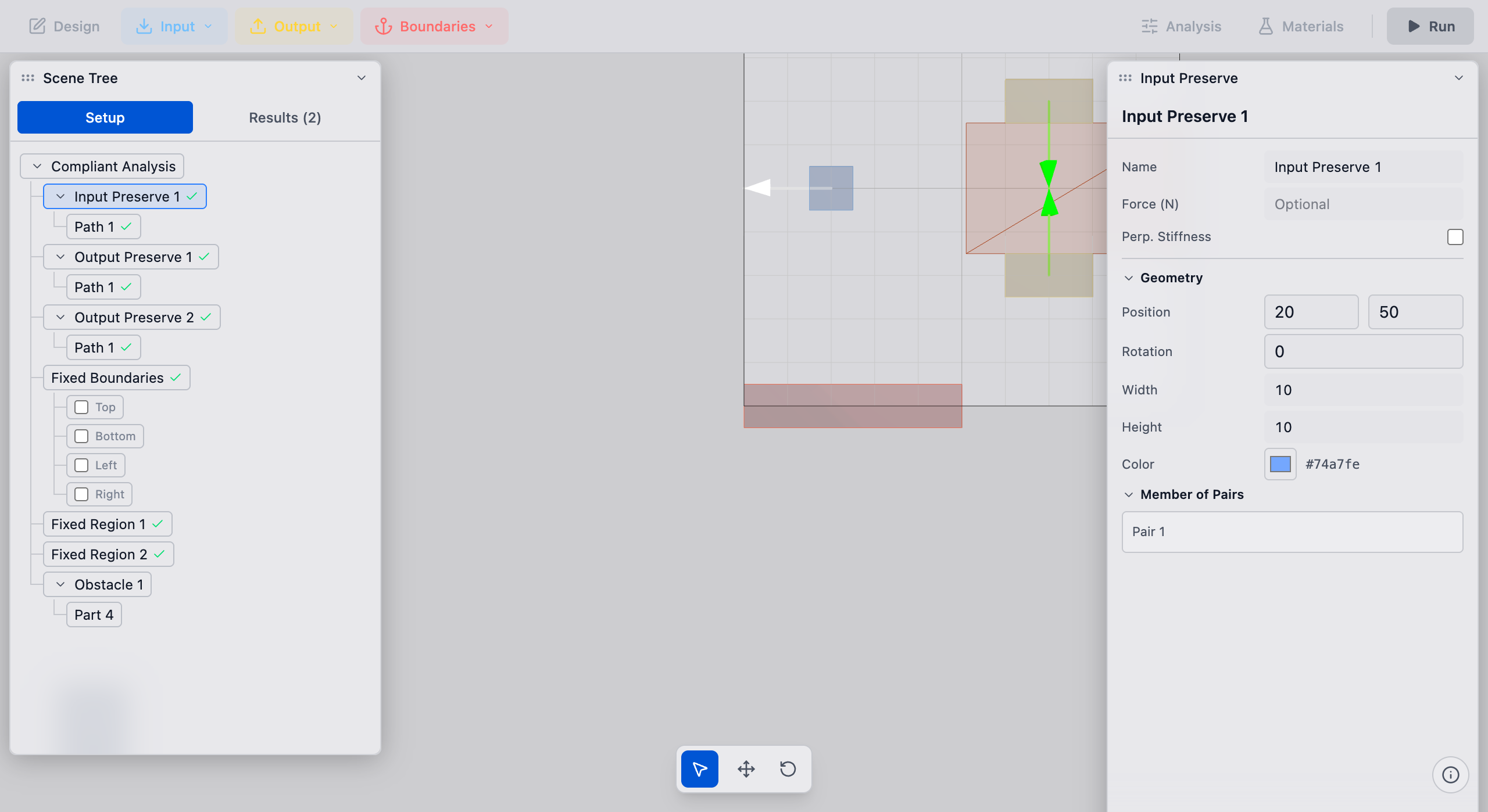 Input preserve visible in the viewport with direction arrow